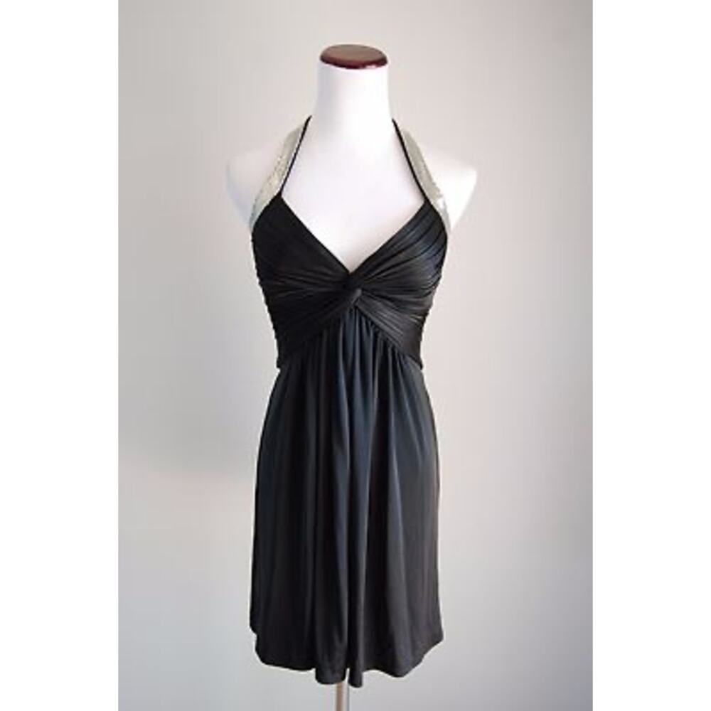 Y2K BCBGMAXAZRIA Halter Mini Dress XS Black Silver Chainmail Cocktail Party LBD